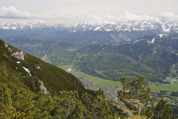 Naklejka na ściany i meble View from Kramerspitz mountain to Garmisch-Partenkirchen, Upper Bavaria, Germany 