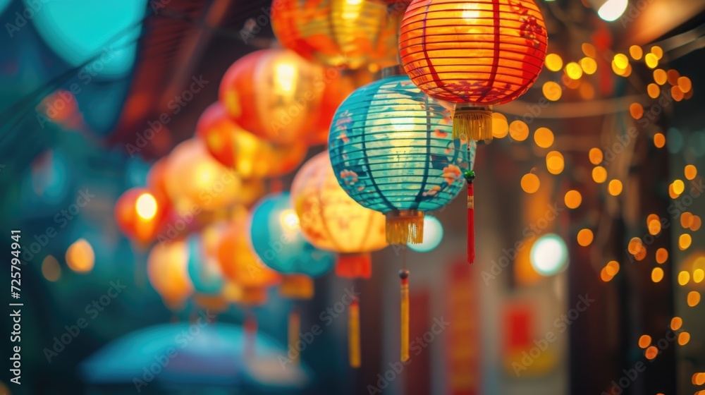 Poster A vibrant display of lanterns hanging from the ceiling. Perfect for adding a festive touch to any event or venue