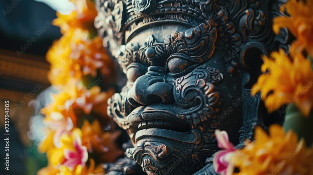 Poster A close up view of a statue with colorful flowers surrounding it. Perfect for adding a touch of elegance and beauty to any project