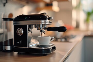 A coffee machine is pouring a fresh cup of coffee. Perfect for coffee shop menus or advertisements