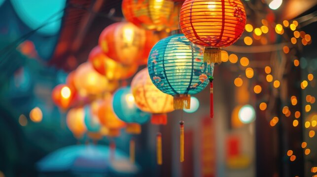 A vibrant display of lanterns hanging from the ceiling. Perfect for adding a festive touch to any event or venue