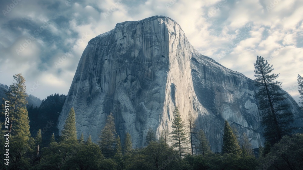 Poster a picture of a very tall mountain with trees in the foreground. perfect for nature and landscape the