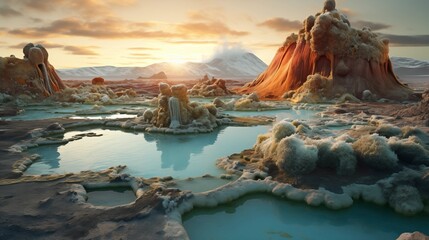 Captivating images of vibrant hot springs in a geothermal area, showcasing the earth's natural beauty