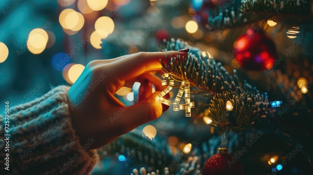 Poster A person holding a string of lights in front of a Christmas tree. Perfect for adding a festive touch to any holiday-themed project