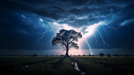 Capture a single bolt of lightning striking a distant tree, illuminating the landscape for a fleeting moment - obrazy, fototapety, plakaty