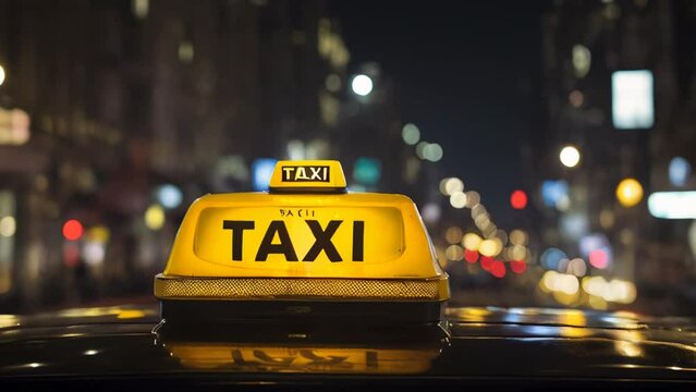 A taxi drives through the city at night. AI