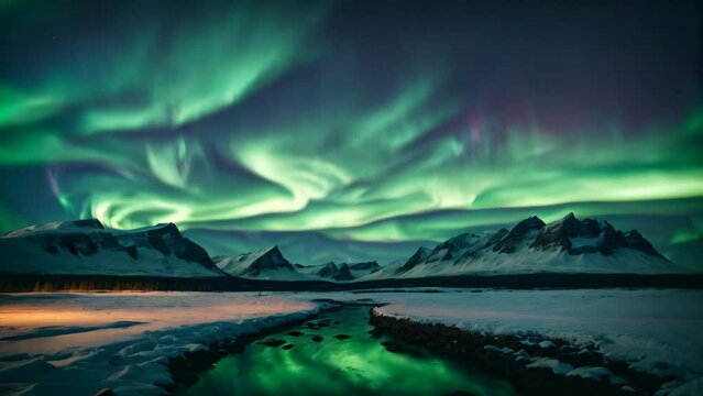 Winter landscape with aurora borealis. AI