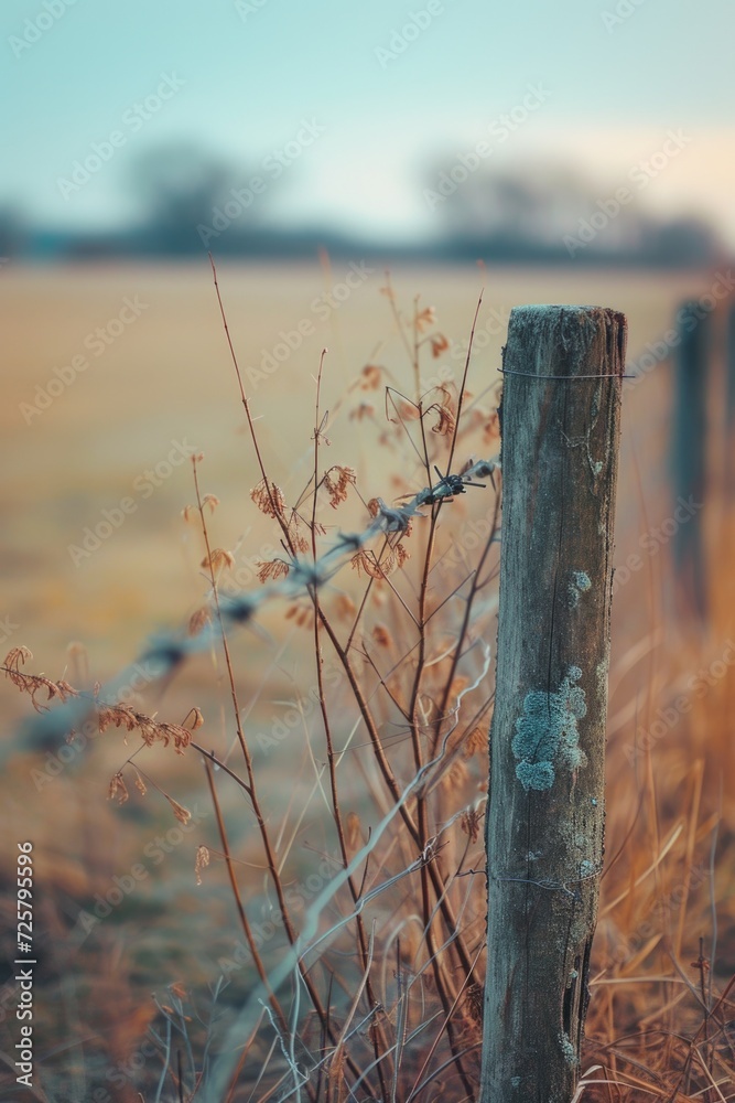 Poster barbed wire fence in a field with a clear blue sky in the background. suitable for illustrating conc