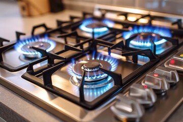 A detailed view of a gas stove with vibrant blue flames. Perfect for showcasing the modern design of a kitchen appliance.