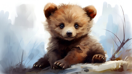 Very cute and funny little brown bear. Cartoon character. Watercolor painting effect. Close-up