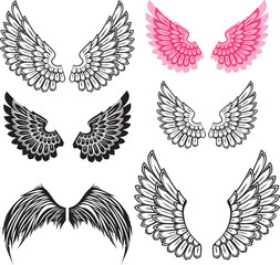 Set of wings isolated on White background. Angelic emblem, black pencil drawing, icon collection, sketch style feather, Vector illustration