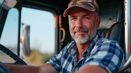 Obraz premium A confident male driver in his truck. The concept of transportation. The driver's enthusiasm is evident as he showcases his truck, highlighting the importance of transportation.