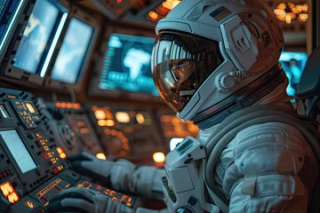 Zelfklevend Fotobehang The captain of a spaceship in a special astronaut suit with a helmet sits at the control panel of a spaceship or rocket flying in space © Olena