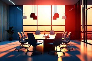 Fototapeta premium Modern office interior with large windows and natural light, an atmosphere of productivity and comfort. Concept: workspace design, corporate culture and office architecture