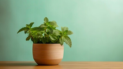 Green mint seedlings in ceramic pot on wooden table, on turquoise background. Bright sunlight illuminates green aromatic plant. Concept of gardening, growing herbs. Harvest on windowsill. Close-up.