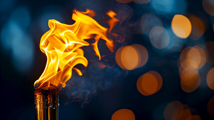 Burning torch against blurred bokeh lights, copy space. Symbol of competitions, victory, peace. Fiery torch, colorful design. Olympics background with a torch and flame - obrazy, fototapety, plakaty