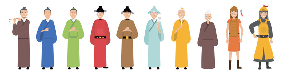 Cartoon traditional Chinese characters collection of Asian characters in traditional clothes vector illustrations. Japanese or Chinese people wearing kimono, national costume, on white background. 
