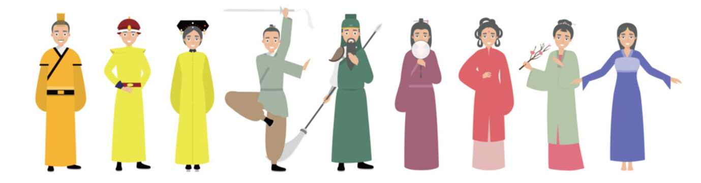 Ancient Chinese cartoon characters set asian guys wearing traditional clothes smiling men in national ancient costumes standing pose chinese or japanese male cartoon characters full length flat white.
