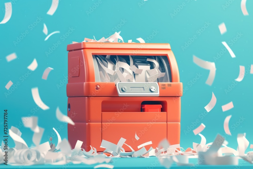 Poster a vibrant orange machine surrounded by swirling paper. perfect for capturing the fast-paced energy o