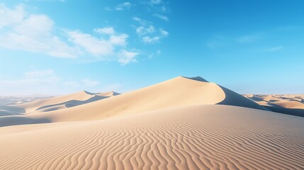 Expansive views of dynamic sand dunes set against a clear blue sky, showcasing their ever-changing shapes