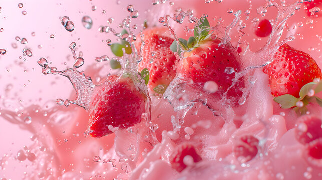 Powerful liquid explosion, Strawberry watermelon, Pink Background, commercial photography