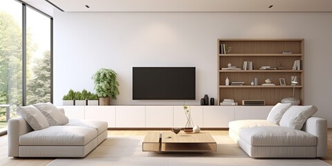 Contemporary living room with cozy sofa and TV adjacent to white storage in residence.