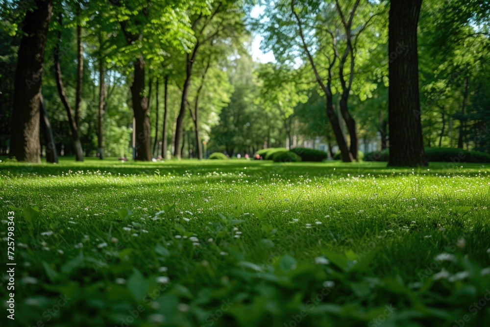 Poster a beautiful field of grass with white flowers and trees in the background. perfect for nature and sp