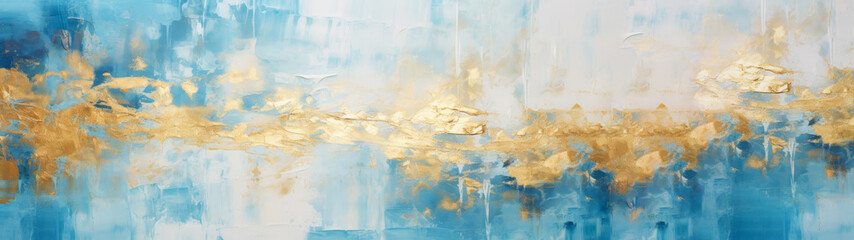 Closeup of abstract rough blue white gold art painting texture, with oil brushstroke, pallet knife paint on canvas background banner panorama long