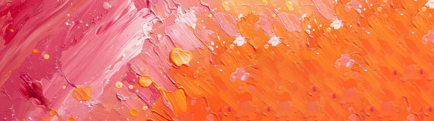 Closeup of abstract rough colorful orange pink art painting texture, with oil acrylic brushstroke, pallet knife paint on canvas background banner panorama