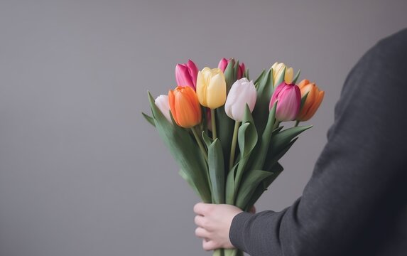 male hands holding a bouquet of tulips for March 8, on a light background, with space for text 