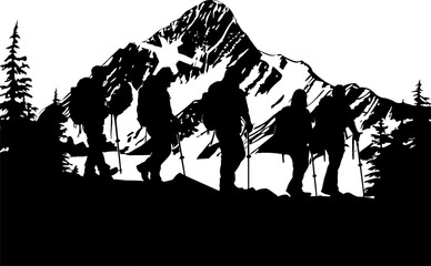 Fototapeta na wymiar Hiking silhouette vector. Adventure silhouette vector. Mountain hiking silhouette. People with backpack vector silhouettes. Hiking group. AI generated illustration.