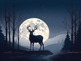 Deer at night standing in the light of the full moon