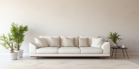 Fototapeta na wymiar Spacious living area with new white sofa.