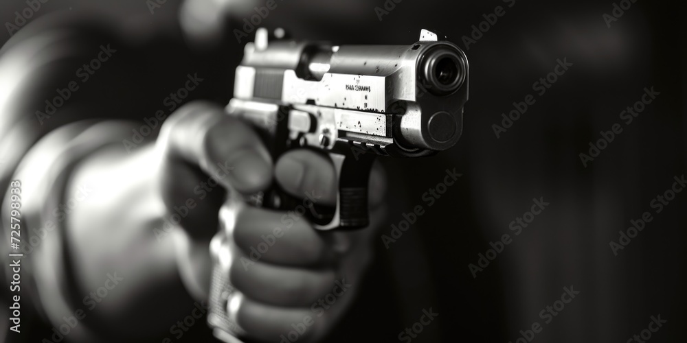 Poster a person holding a gun in their hand. this image can be used to depict various concepts related to w