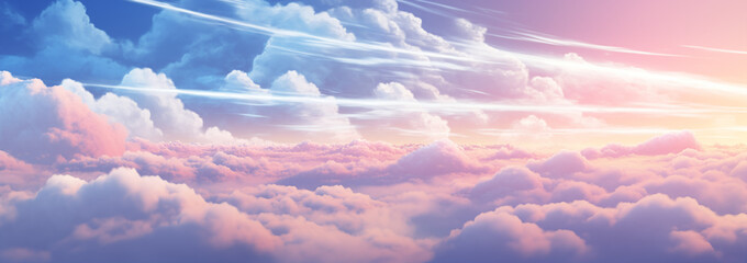 Beautiful cloudy sky. Animation style. Sunrise in the back. Fantastic view