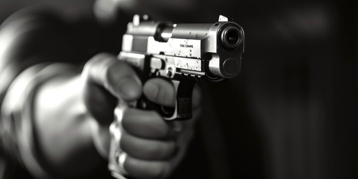 A person holding a gun in their hand. This image can be used to depict various concepts related to weapons, self-defense, crime, law enforcement, and danger