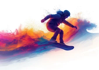 Poster Silueta snowboard tonos vibrantes, azules, naranjas, violetas, morados sobre fondo blanco. Acción extrema, exterior al aire libre, montaña, nieve, adrenalina viaje aventura hoteles montaña riesgo © AmayaGB
