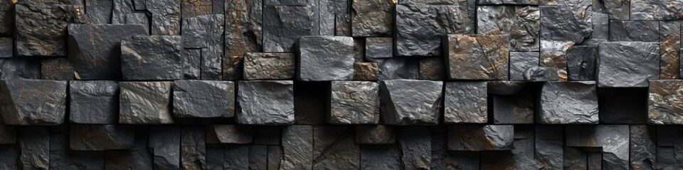 3D wall of dark, rough granite blocks, irregularly stacked, offe