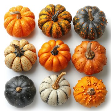 Template of nine small, colorful pumpkins on a white background, animated 3D style, recipe book. Plantilla de nueve calabazas pequeñas y coloridas sobre fondo blanco, estilo animado 3D, receta.