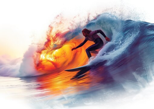T&uacute;nel de agua surfista surfeando la ola al atardecer, tonos pastel, azules, naranjas, morado, puesta de sol sobre fondo blanco. Deporte acu&aacute;tico, al aire libre, agua salada, sol en llamas, viajes fin 