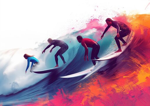 Grupo de surfistas deslizando sus tablas ola al atardecer, tonos pastel, azules, naranjas, morado, puesta de sol sobre fondo blanco. Competencia, diversi&oacute;n, equilibrio, adrenalina, ilustraci&oacute;n, clave