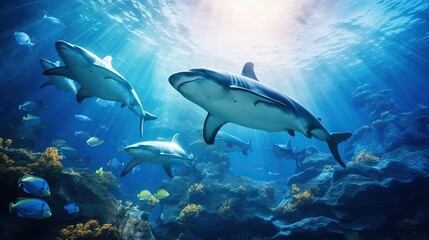 Group of dolphins seen from underwater in blue ocean view with sunlight for animal background. Created with Generative AI