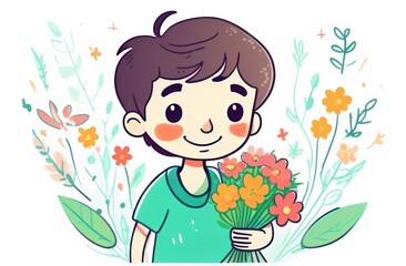 Happy Women's Day. Cute boy with a bouquet of flowers