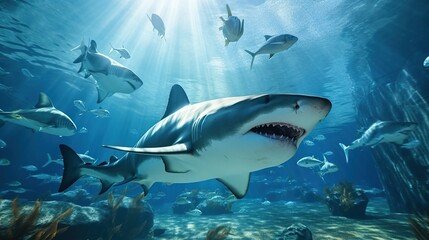 Fototapeta premium Group of dolphins seen from underwater in blue ocean view with sunlight for animal background. Created with Generative AI