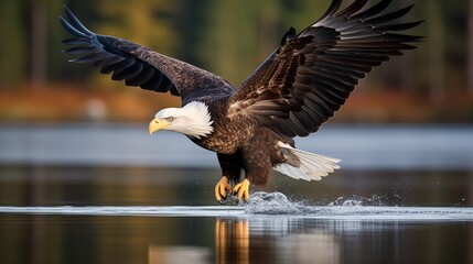 Naklejka premium High-resolution shots capturing the majestic beauty of bald eagles soaring gracefully over a serene lake