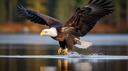 Poster High-resolution shots capturing the majestic beauty of bald eagles soaring gracefully over a serene lake © Abdul