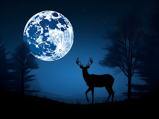 Deer at night standing in the light of the full moon