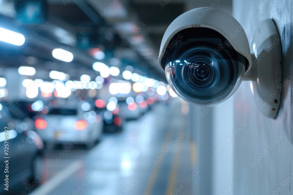 Poster a camera mounted on the side of a wall. suitable for surveillance and security purposes
