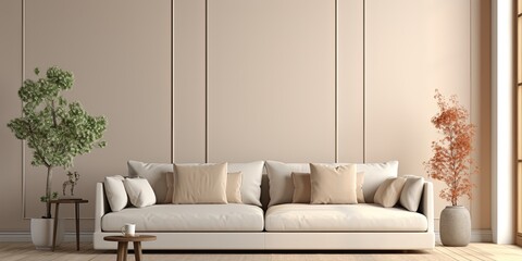 Beige sofa in chic studio apartment interior.