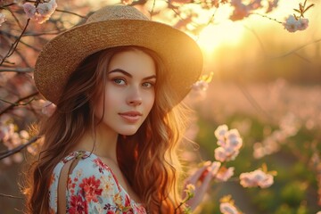 Young spring fashion woman in spring garden. Springtime. Trendy girl at sunset in spring landscape background.